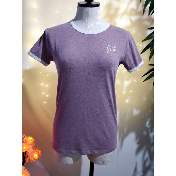 PINK Victoria's Secret Spellout Embroidered Logo Ringer T-Shirt Women's XS Top - Picture 2 of 7